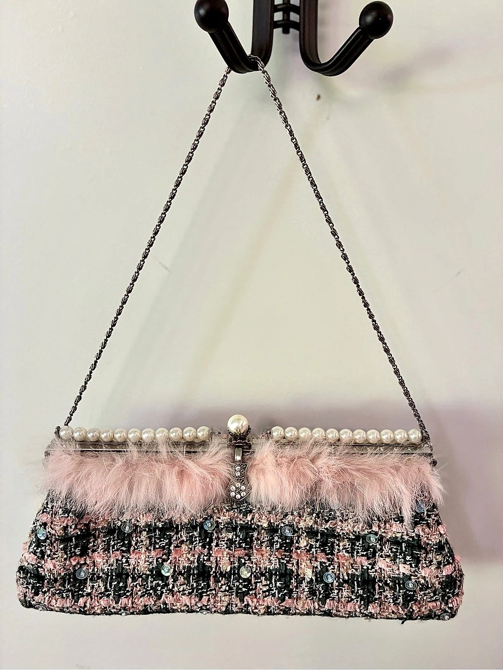 Jeanne Lottie Pink & Black Feather Trim Clutch
